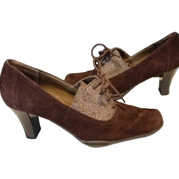 Aerosoles Cincinnati Oxfords Lace Up Square Toe Chunky Heels Brown Womens 8.5M - Picture 1 of 7